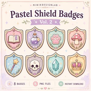 Op de afbeelding: Een digitale collectie getiteld Pastel Shield Badges Vol. 2 door MINIKDESIGNLAB met acht schildvormige iconen. Elke badge toont een unieke illustratie, waaronder een open boek, een toverdrankflesje, een pootafdruk, een paddenstoel, een sterrenstaf, een schedel, een kristal en een kroon.
