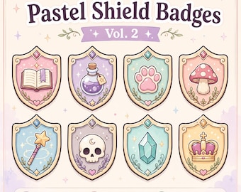 Insignias de suscriptor de Twitch con escudo pastel, lindos íconos de Bit de fantasía, insignias de transmisión kawaii para Twitch, Discord y YouTube, paquete PNG