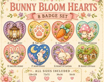 Insignias de Twitch con corazones de conejito, lindas insignias de suscriptor y bit de conejo, conjunto de insignias florales estilo cottagecore para suscriptores de Twitch, YouTube y Discord.