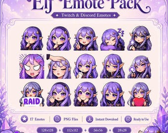 Purple Elf Emote Pack | 17 Twitch, Discord, Kick & YouTube Emotes | Cute Fantasy Chibi PNG Bundle