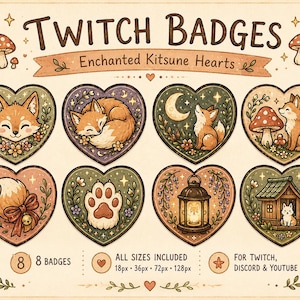 Könnte beinhalten: Ein Set aus acht digitalen herzförmigen Abzeichen mit dem Titel Twitch Badges Enchanted Kitsune Hearts. Die Designs zeigen orangefarbene Füchse, einen Pfotenabdruck, eine Laterne und ein kleines Haus, verziert mit Pilzen, Blumen und Sternen.