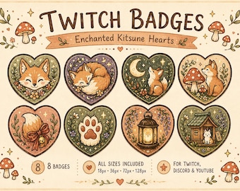 Insignias de corazón de Kitsune encantadas, 8 iconos de zorro acogedores para Twitch, Discord y Kick