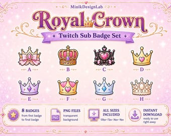 Conjunto de insignias de suscriptor de Twitch con corona real, paquete de insignias Kick, insignias de transmisión con corona de princesa linda, descarga instantánea en formato PNG.