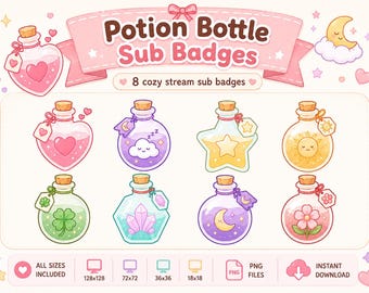 Insignias de suscriptor con forma de botella de poción acogedora, emoticonos de stream kawaii en tonos pastel (descarga digital)