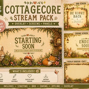 Könnte beinhalten: Cottagecore-Stream-Paket mit Overlay-Bildschirmen und -Panels. Das Design zeigt ein skurriles Waldthema mit Illustrationen von Hase, Fuchs und Pilz. Enthält Bildschirme für „Starting Soon“, „Be Right Back“ und „Ending Soon“.