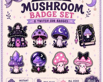 Insignias de setas de bruja adorables, juego de 8 insignias de Twitch, insignias de transmisión en rosa y morado