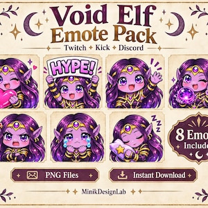 May include: A digital emote pack featuring eight illustrations of a purple-skinned void elf character with long dark hair, gold headpieces, and armor. The emotes display various expressions including love, hype, waving, magic, anger, crying, and sleeping.