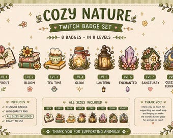Insignias de suscriptor de Twitch con temática de naturaleza acogedora / Iconos de streamer estilo cottagecore (Descarga digital)