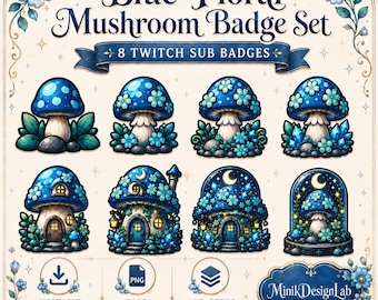 Insignias de suscriptor de Twitch con diseño de hongos florales azules, paquete de streamers de fantasía boscosa acogedora (descarga digital)