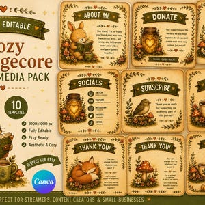 May include: A digital Cozy Cottagecore Social Media Pack with 10 templates. The image features a bunny reading a book, a fox, a bird, and other illustrations. The pack is fully editable and Etsy-ready.
