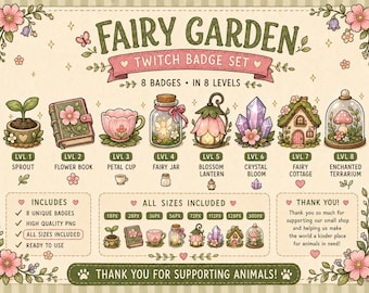 Insignias de Twitch con temática de jardín de hadas, iconos de transmisión estilo cottagecore, insignias florales (descarga digital)