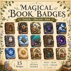 Puede incluir: Una colección de 15 insignias digitales con libros mágicos ilustrados con diversos temas como naturaleza, elementos celestiales y fantasía. El texto dice Magical Book Badges, Twitch, Discord, Kick, 15 Badges, y 18x18, 36x36, 72x72, 128x128.