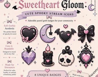 Insignias de suscriptor góticas modernas kawaii, paquete de insignias de Twitch rosas y negras lindas, iconos de transmisión góticos pastel para Kick Discord,