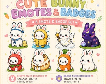 Emotes y distintivos de conejito kawaii, conjunto de 8 iconos de suscriptor de Twitch (descarga digital)