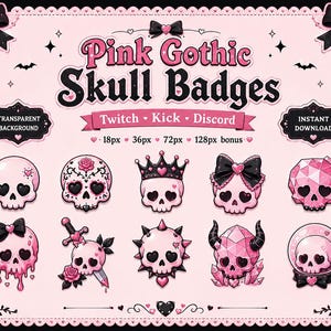 May include: A digital collection of Pink Gothic Skull Badges featuring ten unique designs including skulls with bows, crowns, horns, and crystals. The text reads Pink Gothic Skull Badges, Twitch, Kick, Discord, Transparent Background, and Instant Download.