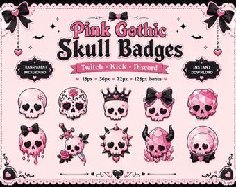 Insignias de calaveras góticas rosas para Twitch, Kick y Discord (descarga digital)
