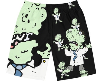 Men's Zombie Scientist Print Board Shorts, Gothic Swimwear