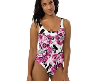 Maillot de bain une pièce imprimé Sugar Skull de grande taille, maillot de bain gothique - Rose