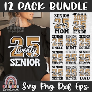 Retro Senior 2025 Family Svg Png Bundle, Senior Mom 2025 Svg, Senior Dad Dxf, Camisas de regalo de graduación, Archivos lindos para Cricut y Silhouette