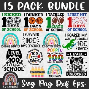 100 giorni di scuola Svg Png Bundle, 100° giorno PNG, 100 giorni Dxf, Sport, Matita, Insegnante, Maglietta della scuola, File carini per Cricut e Silhouette