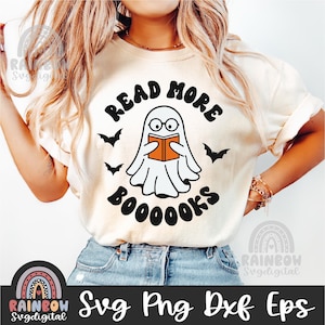 Lindo fantasma SVG, Leer más Booooks Svg Png, Profesor espeluznante Dxf, Halloween divertido, Lector fantasma, Archivos lindos de Halloween para Cricut y Silhouette