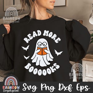 Leer más Booooks Svg Png, Lindo fantasma SVG, Profesor espeluznante Dxf, Divertido Halloween, Lector fantasma, Lindos archivos de Halloween para Cricut y Silhouette