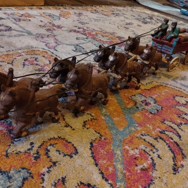 Vintage 1930's Cast Iron Clydesdale Horses with Coach (Made in Ohio)