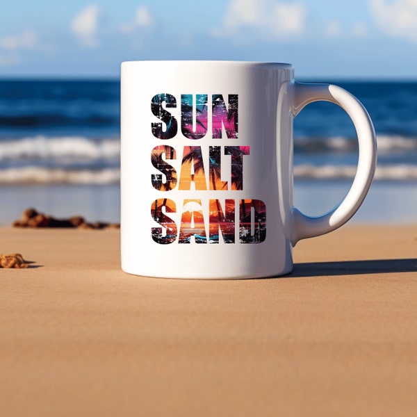 Strand Feeling - Sun Salt Sand Kaffeebecher | Kaffee Tasse (330ml) | Tasse mit Spruch | Geschenkidee für ihn | Witziger Keramikbecher