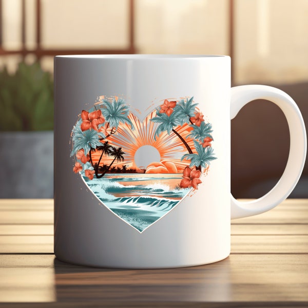 Romantische Kaffeetasse | Kaffeebecher Strand | Becher mit Strandmotiv | Herz Tasse Strand