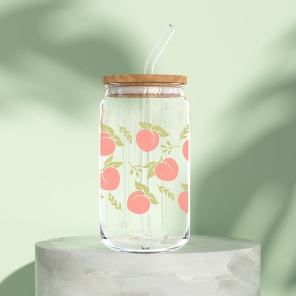 Trinkglas mit Deckel | Kaffeeglas mit Strohhalm | Libbey Glass | Glas mit Bambusdeckel | Sommer Glas | Pfirsich | Eiskaffee Glas
