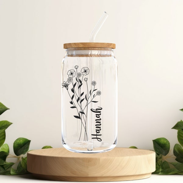 Personalisiertes Trinkglas mit Namen | Becher mit Deckel und Strohhalm | Glas mit Deckel | Eiskaffee Glas mit Deckel