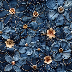 Könnte beinhalten: Nahaufnahme eines Stoff-Patchwork-Designs mit mehreren blauen Jeansblumen mit goldenen Nähten und braunen Zentren. Die Blumen sind in einem zufälligen Muster angeordnet und überlappen sich.