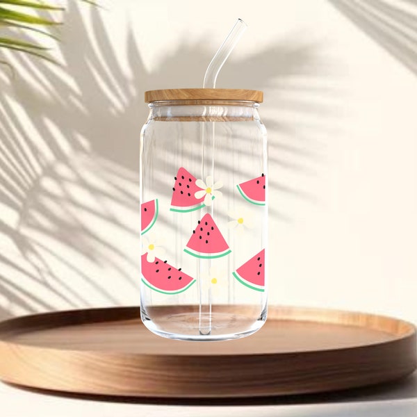 Trinkglas mit Deckel | Kaffeeglas mit Strohhalm | Libbey Glass | Glas mit Bambusdeckel | Sommer Glas | Wassermelone