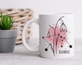 Aquarius Mug | Astrology Mug | Birth Flower Mug | Zodiac Mug | Celestial Coffee Mug | Horoscope Mug