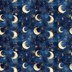 Könnte beinhalten: Ein nahtloses Muster mit einem tief dunkelblauen Aquarellhintergrund, verstreuten goldgelben Mondsicheln und kleinen funkelnden Sternakzenten. Das Design erzeugt einen nächtlichen Himmelseffekt mit verschiedenen Mondphasen und Texturen.