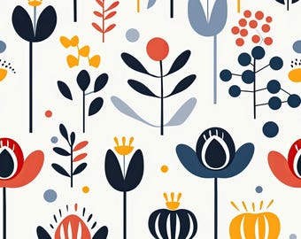 Baumwollstoff grafische Blumen – Retro Blumenstoff in Blau Orange und Rot – Stoff Meterware