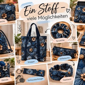 May include: A collection of denim-style fabric accessories featuring a dark blue floral pattern with brown button centers. Items include a tote bag, cosmetic bag, tablet sleeve, drawstring pouch, pencil case, scrunchie, headband, and keychain.