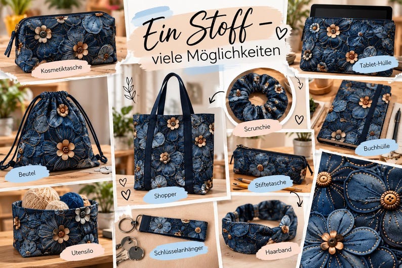 May include: A collection of denim-style fabric accessories featuring a dark blue floral pattern with brown button centers. Items include a tote bag, cosmetic bag, tablet sleeve, drawstring pouch, pencil case, scrunchie, headband, and keychain.