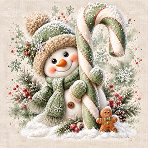 Könnte beinhalten: Ein Schneemann mit einer grünen Strickmütze mit Bommel und einem passenden grünen Schal, der eine große grün-weiße Zuckerstange hält. Ein kleiner Lebkuchenmann steht an der Basis, umgeben von Tannenzweigen, roten Beeren und Schneeflocken.