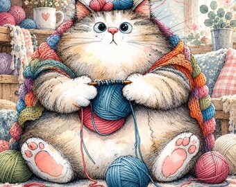Stoffpanel Katze beim Stricken – Baumwollstoff Panel mit Wolle und Stricknadeln – ca. 32 x 32 cm / 12,5" x 12,5"