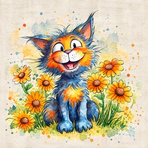 Könnte beinhalten: Eine Aquarellillustration einer flauschigen Katze mit blauem und orangefarbenem Fell, großen Augen und einem breiten Lächeln, die inmitten mehrerer gelber und orangefarbener Sonnenblumen sitzt. Das Bild zeigt Farbspritzer und einen strukturierten Hintergrund.