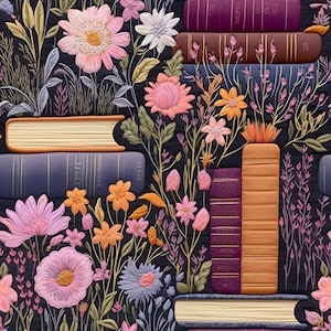 Könnte beinhalten: Ein nahtloses Muster mit einem dunklen Hintergrund, auf dem Bücherstapel und bunte Blumen zu sehen sind. Die Bücher sind mit goldenen Akzenten verziert und die Blumen sind in den Farben Rosa, Lila und Blau gehalten.