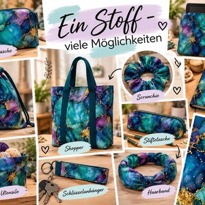 May include: A collection of fabric accessories featuring a teal, purple, and gold marble-like pattern. Items include a zippered pouch, drawstring bag, tote bag, scrunchie, pencil case, book cover, storage basket, keychain, and headband.