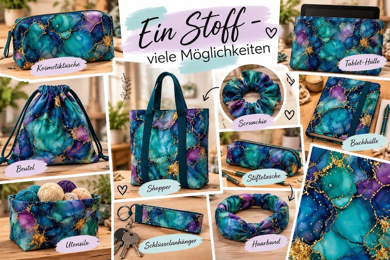 May include: A collection of fabric accessories featuring a teal, purple, and gold marble-like pattern. Items include a zippered pouch, drawstring bag, tote bag, scrunchie, pencil case, book cover, storage basket, keychain, and headband.