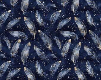 Baumwollstoff mit Federn auf Dunkelblau – Federstoff in Blau und Goldoptik – Meterware
