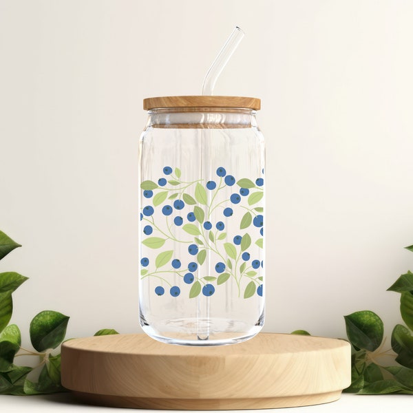 Trinkglas mit Deckel | Kaffeeglas mit Strohhalm | Libbey Glass | Glas mit Bambusdeckel | Sommer Glas | Blaubeeren | Eiskaffee Glas