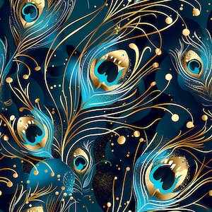 May include: A seamless pattern featuring peacock feathers with gold and blue accents on a dark blue background. The feathers are arranged in a repeating pattern, creating a luxurious and elegant design.