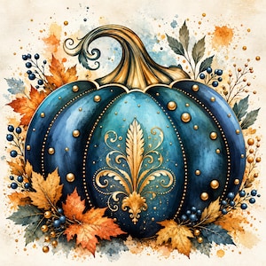 Könnte beinhalten: Eine Aquarellillustration eines tiefblauen Kürbisses mit einem goldenen Fleur-de-Lis-Motiv auf der Vorderseite. Der Kürbis ist mit goldenen Nieten entlang seiner Rippen verziert und von orangefarbenen Ahornblättern, dunkelblauen Beeren und goldenen Akzenten umgeben.