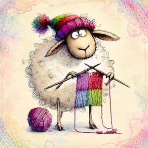 Könnte beinhalten: Ein flauschiges weißes Schaf mit großen Augen trägt eine bunte, gestreifte Strickmütze mit Bommel. Das Schaf hält zwei hölzerne Stricknadeln und arbeitet an einem quadratischen, mehrfarbigen Stoffstück. Ein Knäuel rosa Wolle liegt am Boden.