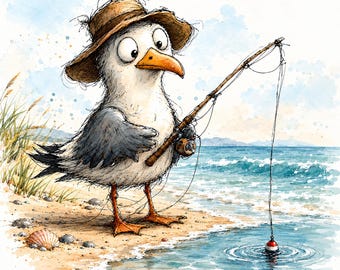 Stoffpanel Möwe beim Angeln – Lustiges maritimes Strandmotiv – Baumwollstoff zum Nähen – 12,5 x 12,5 Inch / ca. 32 x 32 cm